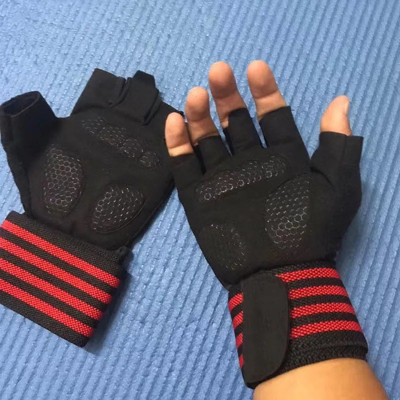 Bodybuilding Gym Training Gloves with Wrist Wraps for Weightlifting - Half Finger Gloves for Men and Women.