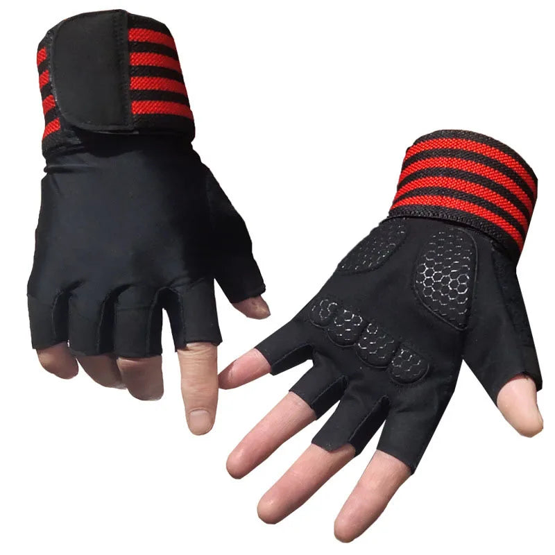 Bodybuilding Gym Training Gloves with Wrist Wraps for Weightlifting - Half Finger Gloves for Men and Women.